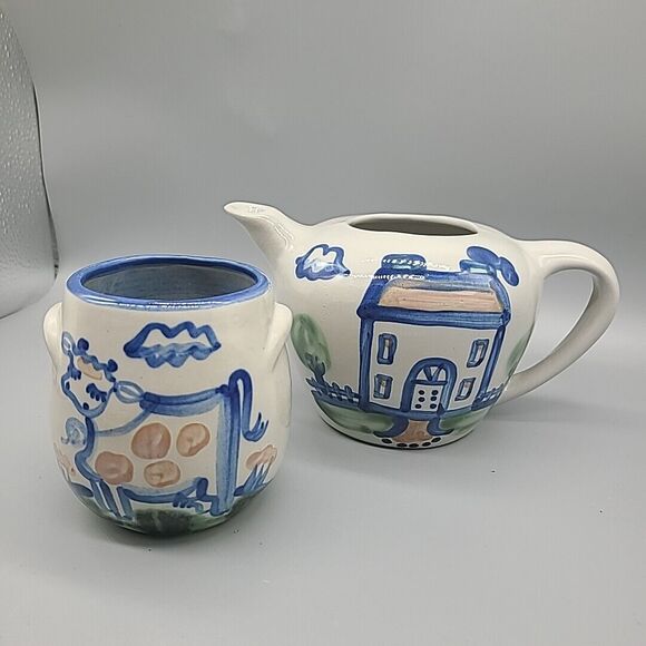 Vintage M.A. Hadley Teapot Retired Home Sweet Home + Sugar Bowl Cow No Lids New
